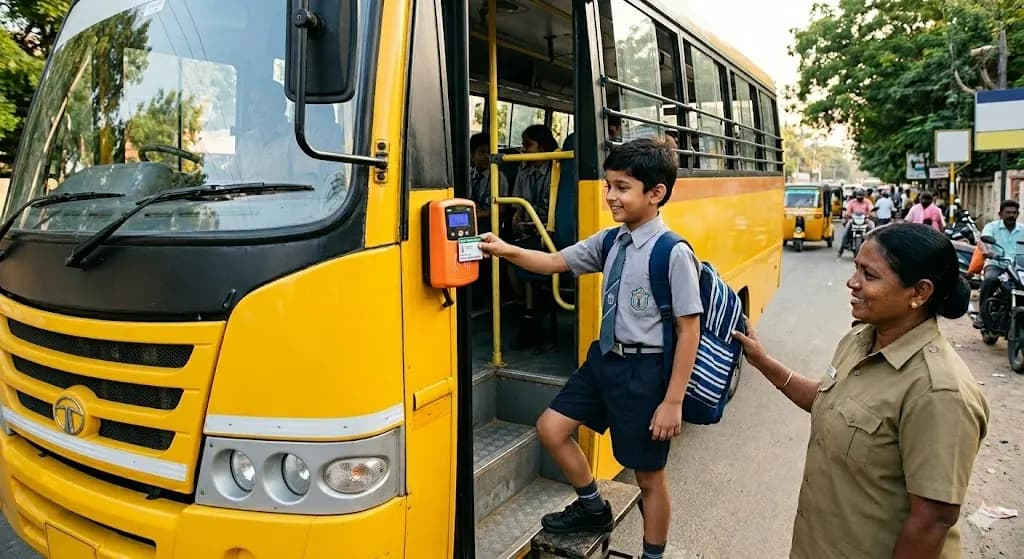 Student boarding a school bus